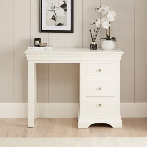 Wilmslow White Painted Single Pedestal Dressing Table, 3 Drawers with Dovetail Joints, Elegant French Design, Brushed Steel Handles, Bedroom Storage - H 810mm x W 1065mm x D 445mm