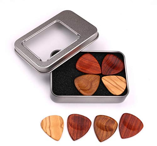 4Pcs Wooden Guitar Bass Mandolin Pick Plectrums Set Accessories with Iron Box