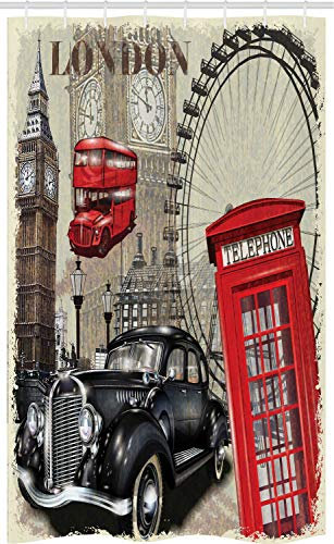 ABAKUHAUS Collage Schmaler Duschvorhang, Vintage London-Zeichen-Collage, Badezimmer Deko Set aus Stoff mit Haken, 120 x 180 cm, Elfenbein Anthrazit grau
