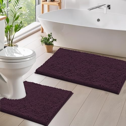 LuxUrux Bad Teppiche Luxus Chenille (2-Teilig) Badematte Set, Weiche Plüsch Anti-Rutsch-Bad Teppich + Toilettenmatte.1 '' Mikrofaser Zotteligen Teppich, Super Saugfähig |Pflaume|Gebogener Satz