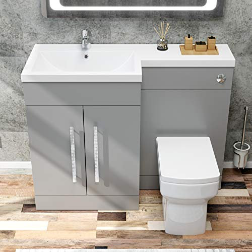 ELEGANT 1100mm L Shape Bathroom Vanity Sink Unit Furniture Storage,Left Hand Matte Grey Vanity unit + Basin + Ceramic Square Toilet with Concealed Cistern