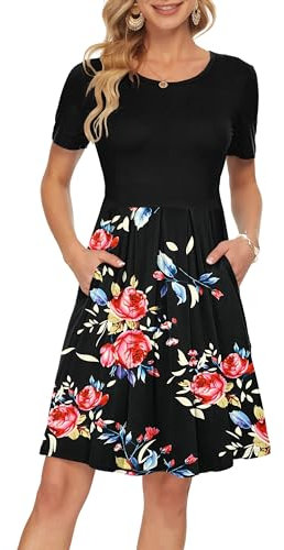 AUSELILY Sommerkleid Schwarze Rose Schwarz L Damen Casual Plissee Loose Swing Freizeitkleid mit Taschen Knielang