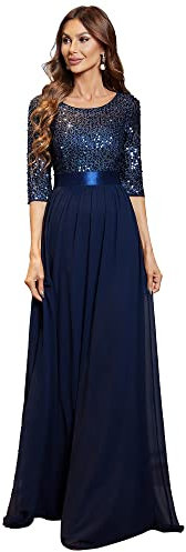 Ever-Pretty Women's Elegant 3/4 Sleeves Sequin Empire Waist A Line Chiffon Prom Dresses Navy Blue 16UK