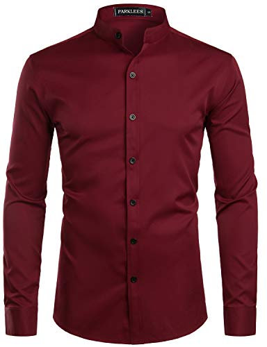 PARKLEES Men's Slim Fit Long Sleeve Button Up Casual Band Collar Shirts CL08 Burgundy M
