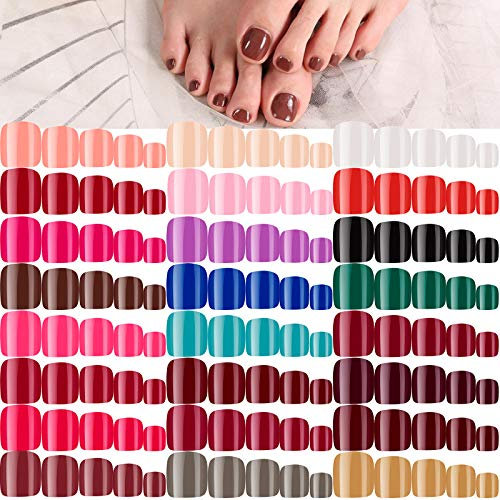576 Pieces 24 Sets Short False Toenails Glossy Press on Toe Nails Short Square False Nail Solid Color Full Cover Square Fake Nails Colorful Artificial Nail Tips for DIY Nail (Classic Colors)