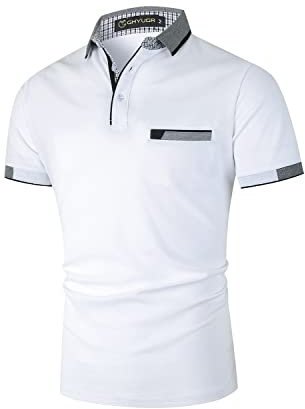 GHYUGR Men's Short Sleeve Polos with Classic Plaid Splice Pocket Golf Polo Shirts S-2XL,White 01,L