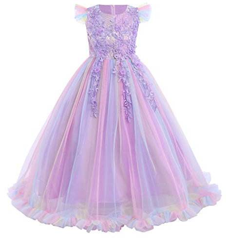 FYMNSI Vestito da bambina in tulle lungo per damigella d'onore formale, abito da sera con fiori ricamati, abito da cocktail per feste, abito da ballo, Viola arcobaleno, 13-14 Anni