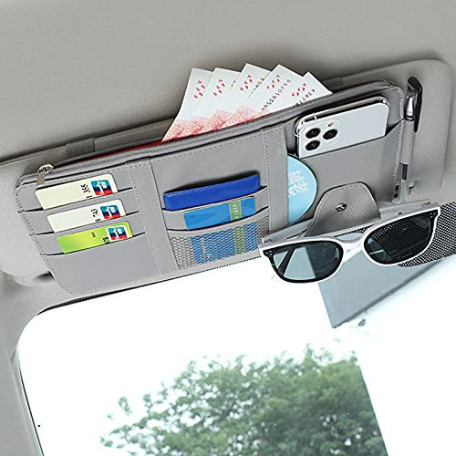 HIFROM Organizer per Aletta Parasole Auto, Accessori per Interni Auto Occhiali da Sole CD Card, Pelle PU Multi-Tasca Organizzatore (Grigio)