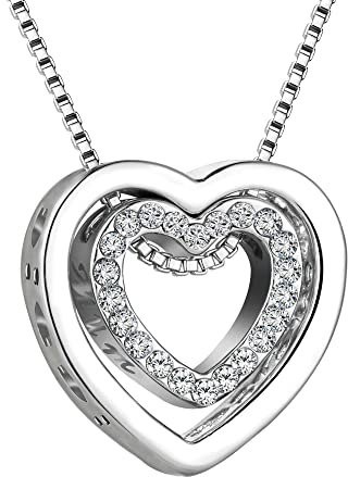 murtoo Women's Necklace Heart Pendant Silver Rose Gold Zirconia I Love You Jewelry Gift Box Valentine's Day (Silver Mum Engraved)