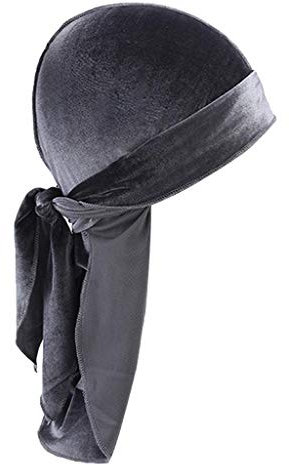 zalati Durag Cap Kopfbedeckung Piratenkopf Wraps Samt Langer Schwanz Einfarbig Bandana Turban Hut für Damen Herren Grau