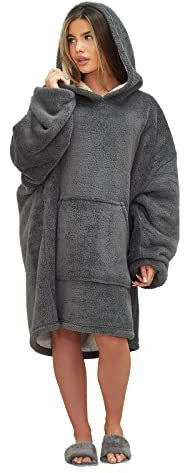 Brentfords Teddy Fleece Sherpa Lined Super Soft Plush Hoodie Blanket Oversized Jumper Throw, Charcoal Grey - Adults