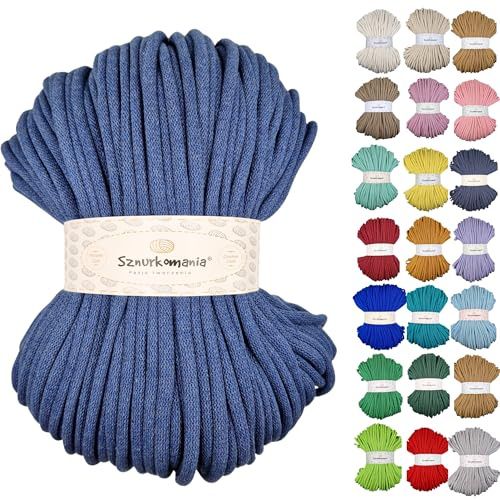 Sznurkomania, Baumwollkordel 9mm 100m, viele Farben, Makramee Garn, Baumwollgarn, geflochtene Baumwollkordel mit Kern, Makramee Kordel, Häkelkordel, Kordel 9mm, gehäkelte Tasche (Jeans)