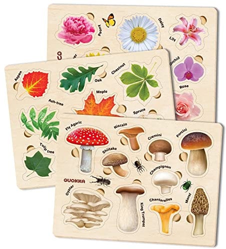 QUOKKA Spielzeug Puzzle ab 1 2 3 Jahre - 3X Set Montessori Holz Steckpuzzle für Kinder ab 4 - Lernspielzeug für Mädchen and Jungen - Pilze, Blumen, Blätter Lernen