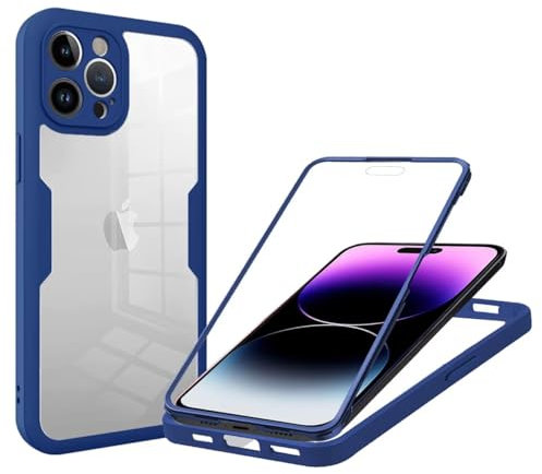 Haygdz Cover per iPhone 14 Pro, 360 Gradi Antiurto Custodia con Protezione dello Schermo Integrata, Trasparente Rugged TPU Bumper Doppia Protettiva Case- Blu
