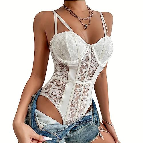 Body Donna Sexy Bodysuit in Pizzo Floreale Spaghetti Strap Top Senza Maniche a Rete Trasparente Jumpsuit Aderente Un Pezzo Tuta Basic Cami Camicie Going Out Leotard Top