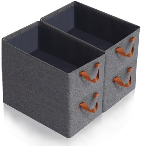 Sayudar 4 Pack Wardrobe Storage Boxes, 47 x 28 x 20 cm, Foldable Storage Box, Fabric Storage Basket with Carrying Handles, Cube Storage Box, Wardrobe Shelves Organiser for Toys Baby Clothes (Grey)