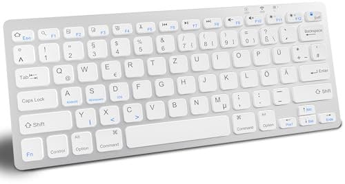 Kabellose Tastatur für iPad, QWERTZ Deutsche Bluetooth Tastatur für iPad 10.9/10.2/9.7, Andriod, iOS, Windows, WinXP, Win7, Win8, Kabellose Multi-Device Tastatur inkl 2 AAA Batterie(Silberweiß)