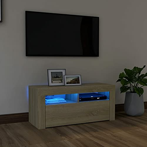 DJEKA Meuble TV LED Meuble TV Bois Meuble TV Haute Banc TV Meuble Television Meuble TV avec Rangement Table TV Salon Banc TV-Chêne sonoma-90x35x40 cm