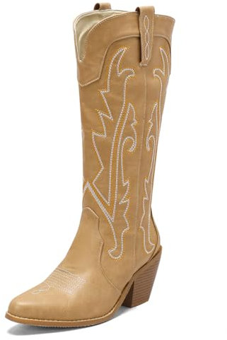 Donne Western Stivali da cowboy with Embroidered Moda Retrò Classico Tall Boot Pull On per donne Ragazze Le signore giallo Numero 34