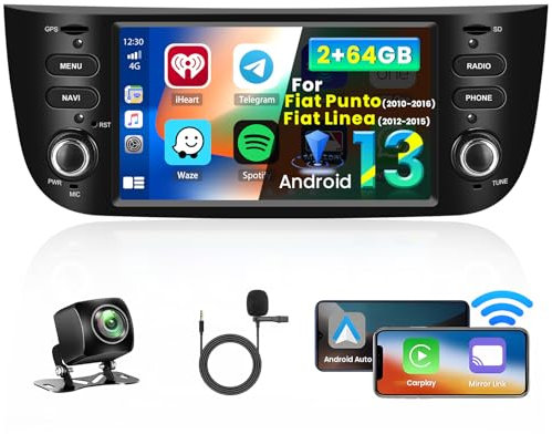 Inefala 2+64GB Radio per Fiat Punto 2010-2016/Fiat Linea 2012-2015 Android Soporta Wireless CarPlay Android Auto, 6,2 Pollici Schermo per Auto con Bluetooth WIFI GPS DSP Retrocamera AHD