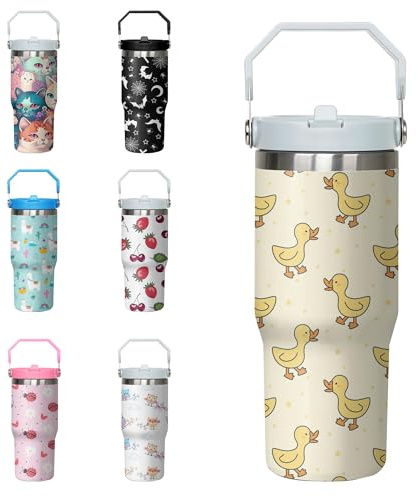 Xchearser Duck Tumbler with Handle and Flip Straw for Women Men, 30oz Cute Stainless Steel Insulated Cup, Water Bottle Travel Coffee Mug, Gifts for Animal Lovers