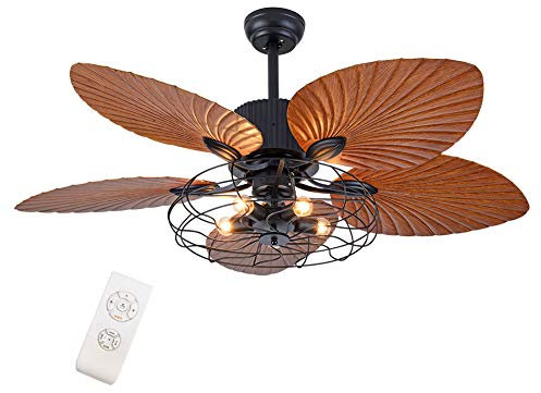 Ventilateurs de plafond tropicaux avec lumière, ventilateur de plafond en feuille de palmier de 52 pouces, 5 pales en ABS, luminaire de lustre en cage en métal, changements à 3 vitesses avec télécomma