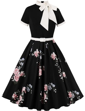 Odizli Rockabilly Kleider Damen 50er Jahre Vintage Kurzarm Krawatte Polka Dot Blumen Swing Knielang Coctailkleid mit Gürtel