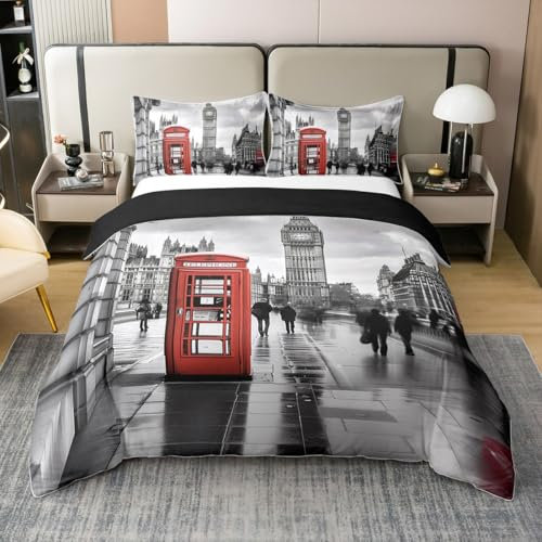 Big Ben Bedruckt Tröster Abdeckung 135x200,Rote Telefonkabine 100% Baumwolle Bettbezug,London Street View Muster Bettwäsche Set,Moderne Kunst Grau Bettbezug für Erwachsene Teens