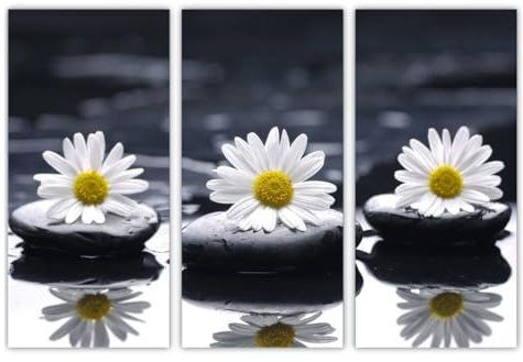 AREDE Lot de 3 Affiches murales Multi Panneaux Pierres et marguerites zen | 90 x 60 cm | Tableau Art Décoration Murale pour la Maison, le Bureau, le Salon, la Chambre à coucher- Prête à être accrochée