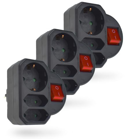 feletec 3-fach Steckdosenadapter 1x Schuko, 2x Euro, schwarz, mit Schalter, 3 Stück, Mehrfachstecker, Mehrfachsteckdose