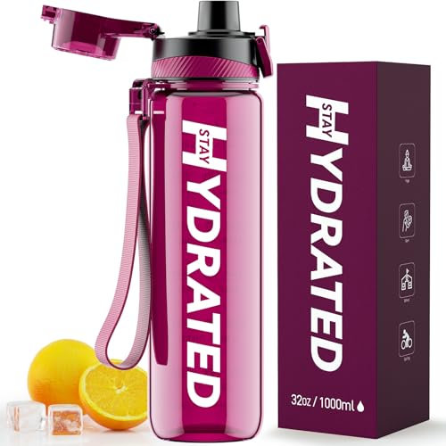 Mevoly Botella Agua, 1 Litro Botella Agua Gimnasio sin BPA con Marcador de Tiempo, Plastico Botella de Agua Deportiva Motivacional, Cantimplora 1L para Gym, Colegio, Bicicleta