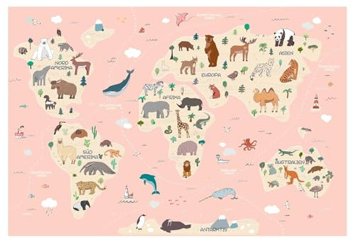 Kidsmood - Selbstklebende Tapete für Kinderzimmer, Fototapete mit Tieren aus aller Welt, Ideale Kinderzimmer Deko für Mädchen und Jungen, Schadstofffreie Vliestapete in lebendigen Farben, 208x240 cm