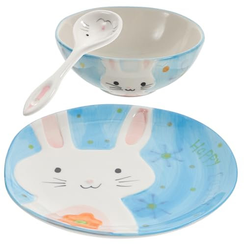 CONGARTENO Ceramic Plate and Bowl Set Cartoon Bunny Pattern Dishware Kit for Toddlers