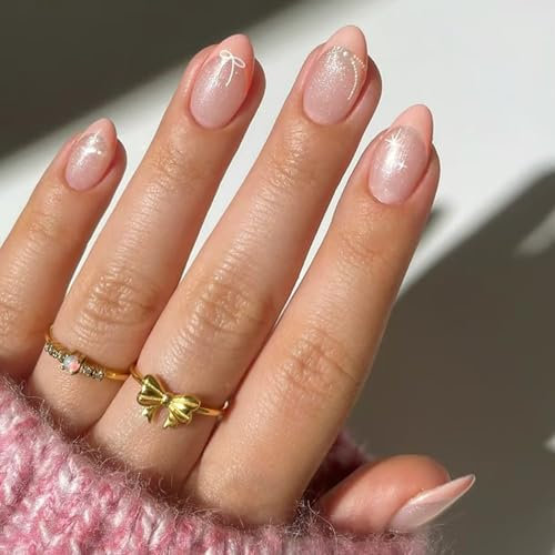 30pcs Short Almond False Nails Cream Pink Stick on Nails Press on Nails Glue-on Nails Fake with Bowknot Pattern Full Cover Acrylic False Nail Tips for Women Girls Nail Art