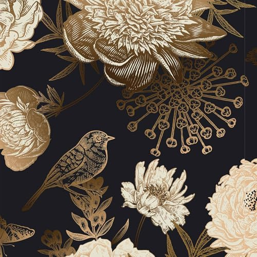 Decotalk Tapete Schwarz Gold Blumen Selbstklebende Tapete Blumen Schlafzimmer 44.5X900cm Klebefolie Schwarz Gold Wandtapete Selbstklebend Möbelfolie Dekorfolie Klebefolie PVC Vinyl Wandaufkleber