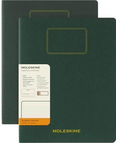Moleskine Student Cahier Journal, Set 2 Linierte Notizhefte mit Heraustrennbaren Seiten, Kartonumschlag und Aufkleber, Farbe Myrtegrün, Format XXL 21,6 x 27,9 cm