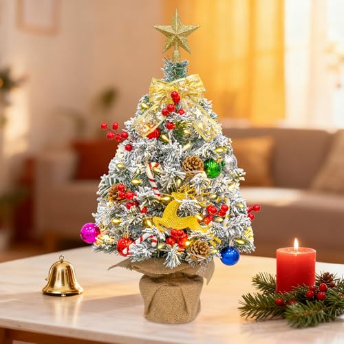XUNIVERS Mini Weihnachtsbaum,60 cm Künstlicher Tisch-Mini-Weihnachtsbaum mit Warmweißen Lichtern,Weihnachtsdeko DIY Tischdeko,Weihnachtsbaum Klein Beleuchtet für für Partys Zuhause Weihnachten