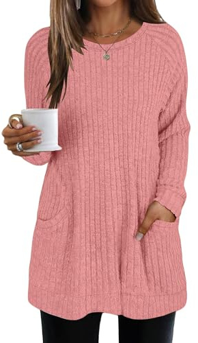 AMDOLE Women's Lightweight Jumpers with Pocket Long Sleeve Tops Casual Round Neck Ladies Curved Hem Tunic Top Long Tops to Wear with Leggings Ladies Lightweight Knit Jumpers Sweater Pink XL