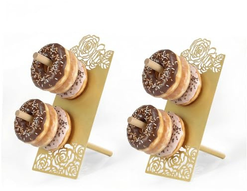 AIM & GGKK Donut Ständer Set 2-teilig Gold - Metall Donut Stand Halter mit Rosen Design, Donut Wand Display für Party, Hochzeit, Baby Shower, Bagel Stand Dessert Deko