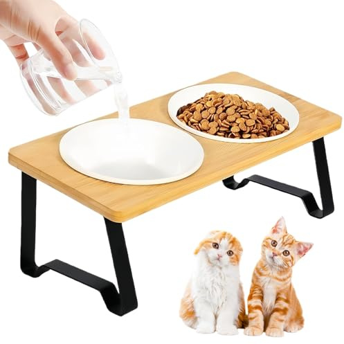 Raised Cat Bowls with Stand Tilted,Ceramic Pet Feeding Bowls with 15°Tilted | Wood Stand, Anti Vomiting & Protecting Cervical Spine Bowls for Cat Dog Puppy Kitten (2 Bowls)