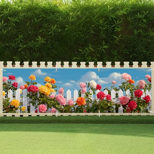 CRYSLOVE Großer Festivals Banner,300 x 90 CM Banner für Balkon,Indoor & Outdoor Dekoration Banner,Für Geburtstag,Ostern,Valentinstag,St. Patrick's Day (guirlande von rosen)