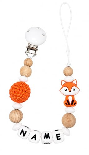 Individuell gestaltetes Babygeschenk personalisiertes Schnullerkette mit Namen für Mädchen oder Junge Baby Geschenk personalisiert zur Geburt & Taufe (Fuchs) (orange)