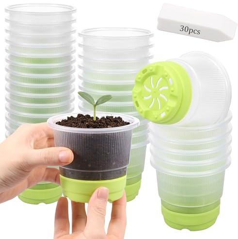 HZUIZXYO 30Pcs Seedling Start Pots,Clear Nursery Pots with Silicone Base 4Inch Reusable Round Plastic Plant Pot with Drain Holes Labels for Flower Plant Seedlings Transplanting(Light Green)