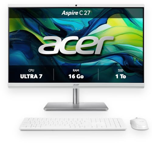 Acer Aspire C 27 | Tout-en-Un | Core Ultra 7 | 16Go/1To | Blanc | 27 FHD | Core Ultra 7 155U | 16Go DDR5 | SSD 1To | Windows 11 Home | Clavier et souris sans fil
