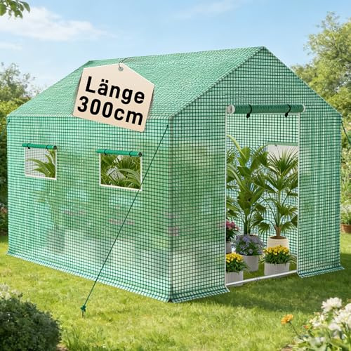 Suusolny Begehbares Gewächshaus Winterfest, 3x2x2m Grün, Feuerverzinkter Stahlrahmen, Isoliertes Foliengewächshaus, Überwinterungszelt für Pflanzen, Gartenhäuschen für Balkon & Garten