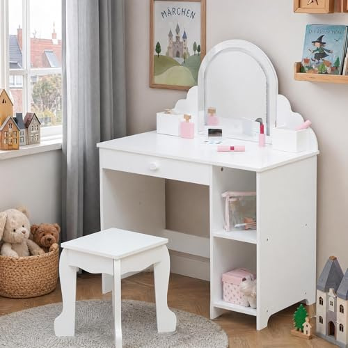 GarveeMore Kinderschminktisch mit Spiegel und Hocker, Robustes Holz Schminktisch für Mädchen mit Beleuchtung & Schublade, Wellenrand Kosmetiktisch Kinderzimmer Möbel 3-9 Jahre, Weiß
