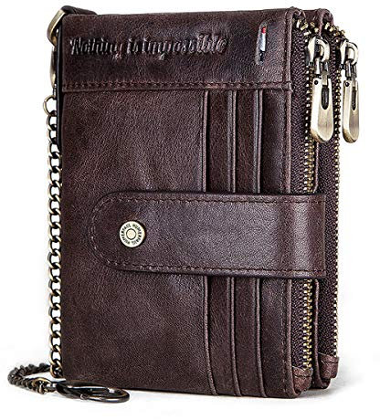 REETEE Portefeuille Homme en Cuir Véritable Blocage RFID Porte Monnaie Homme avec Chaîne, Bifold Porte Feuille pour Homme Cuir 19 Porte Carte Crédit e Zip Porte-Monnaie, Boîte Cadeau, Café, s,