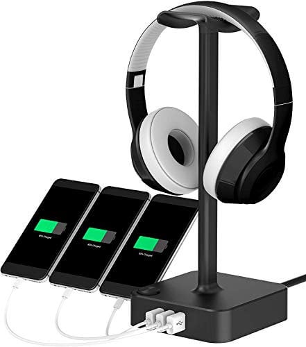 ALACOO RGB Headphone Stand with USB Charger Port Desktop Gaming Headset Holder with 3 USB Charger for Home and Office and Gaming, DJ, Wireless Earphone Display,Headphone Hook (black)