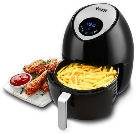 Venga! Freidora de Aire, 4,5 Litros, con Temporizador Digital y Control de Temperatura (80-200°C), 7 Menús Preestablecidos, 1 500 W, Negro, VG AFT 3006