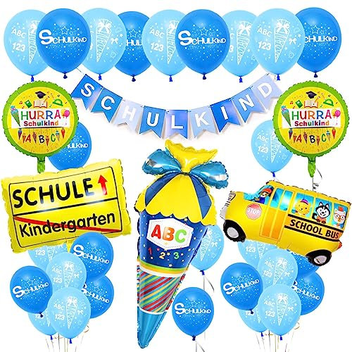 Einschulung Deko Jungen, Schulkind Deko Jungs, Schuleinführung Schulanfang Deko Set - Blaue Schulkind Banner + Einschulung Zuckertüte Folienballon + Schulanfang Latex Ballons